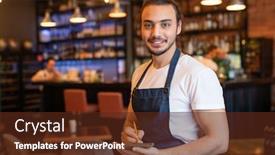  Presentation with waiter - PPT layouts enhanced with young-smiling-waiter-in-workwear background and a tawny brown colored foreground