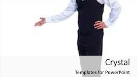  Presentation with waiter - Presentation with young smiling waiter man isolated over white background background and a white colored foreground
