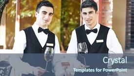  Presentation with restaurant menu bistro cafe - Cool new presentation theme with young smiling waiters with glass backdrop and a ocean colored foreground