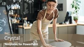  Presentation with wipe - Presentation design enhanced with young-smiling-waitress-in-apron background and a coral colored foreground