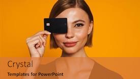  Presentation with credit card - Slides having young-smiling-white-woman-covering background and a  colored foreground