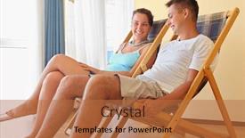  Presentation with hotel resort - Presentation theme consisting of young smiling woman and man reclining on chaise lounges in hotel room on resort background and a red colored foreground