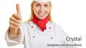  Presentation with cook chef - Audience pleasing slide set consisting of young smiling woman as chef cook holding her thumb up backdrop and a white colored foreground