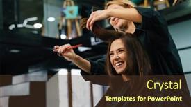  Presentation with beauty salon - PPT layouts enhanced with young-smiling-woman-doing-hairstyle background and a tawny brown colored foreground