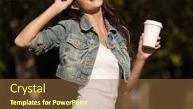  Presentation with green coffee - PPT layouts enhanced with young smiling woman drinking coffee to go in a park green unfocused background background and a tawny brown colored foreground