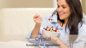  Presentation with cereal - PPT theme enhanced with young smiling woman eating healthy cereal lying on couch background and a lemonade colored foreground