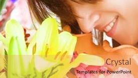  Presentation with fragrance - PPT theme consisting of young smiling woman enjoying a bouquet fragrance squared composition background and a coral colored foreground