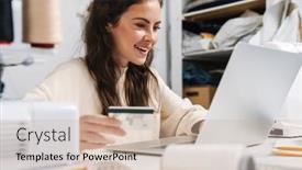  Presentation with new ideas - Slide deck with young-smiling-woman-fashion-designer background and a soft green colored foreground