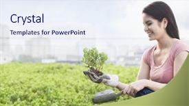  Presentation with young plant - Colorful slide set enhanced with young smiling woman gardening backdrop and a sky blue colored foreground