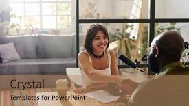  Presentation with black woman - Slide set consisting of young-smiling-woman-greeting-black background and a coral colored foreground