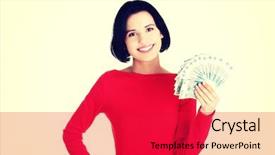  Presentation with young business woman smile show - Slide deck with young smiling woman holding polish background and a red colored foreground