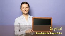  Presentation with chalkboard - Slide set having young-smiling-woman-holding background and a tawny brown colored foreground