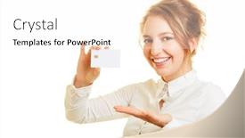  Presentation with chip - PPT theme featuring young smiling woman holds smartcard with memory chip in hand background and a white colored foreground