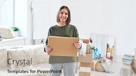  Presentation with box carton - Audience pleasing presentation theme consisting of young-smiling-woman-in-casualwear backdrop and a mint green colored foreground