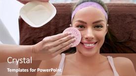  Presentation with facial - Cool new theme with young-smiling-woman-in-cosmetic backdrop and a coral colored foreground