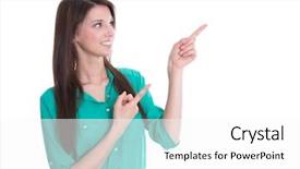  Presentation with forefinger - Colorful theme enhanced with young smiling woman in green blouse presenting with her forefinger backdrop and a white colored foreground