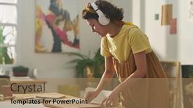  Presentation with music studio - Slide deck having young-smiling-woman-in-jumpsuit background and a coral colored foreground