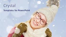  Presentation with snow blizzard in winter - Cool new slides with young-smiling-woman-in-winter backdrop and a sky blue colored foreground