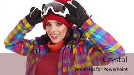  Presentation with ski - Presentation theme enhanced with young smiling woman is posing with ski goggles in studio isolated on white background background and a tawny brown colored foreground
