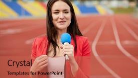  Presentation with journalist - Colorful presentation theme enhanced with young smiling woman journalist speaks backdrop and a red colored foreground