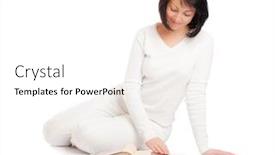  Presentation with album - PPT theme featuring young-smiling-woman-looking-album background and a white colored foreground