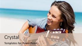  Presentation with young children playing multicultural - Slide deck enhanced with woman playing guitar on beach background and a soft green colored foreground