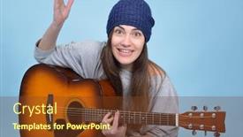  Presentation with acoustic - Cool new PPT layouts with young-smiling-woman-playing-music backdrop and a tawny brown colored foreground
