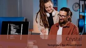  Presentation with data meeting - PPT theme enhanced with young-smiling-woman-pointing background and a tawny brown colored foreground