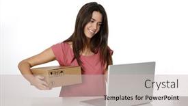  Presentation with mail - PPT theme enhanced with young smiling woman preparing package to be sent by mail background and a light gray colored foreground