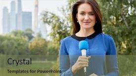  Presentation with pond - Presentation enhanced with young smiling woman report background and a violet colored foreground