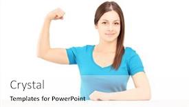  Presentation with muscle - Slide set having young smiling woman sitting and showing her bicep muscle background and a white colored foreground