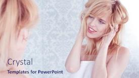  Presentation with hair - Presentation design having young-smiling-woman-tousling-hair background and a sky blue colored foreground