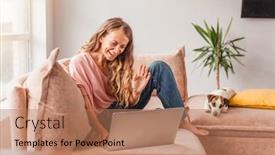  Presentation with video conference - PPT layouts consisting of young-smiling-woman-waving background and a coral colored foreground