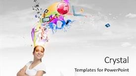  Presentation with thoughts - Presentation theme featuring young smiling woman with colorful thoughts above head background and a white colored foreground