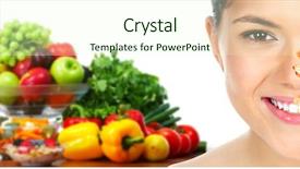  Presentation with healthy lifestyle - Colorful presentation theme enhanced with young smiling woman with fruits backdrop and a  colored foreground