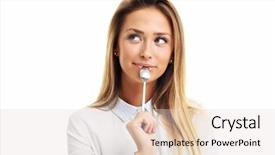 Presentation with spoon - Presentation theme consisting of young smiling woman with spoon background and a lemonade colored foreground