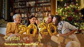  Presentation with new year 2020 - Colorful slides enhanced with young-smiling-women-celebrate backdrop and a tawny brown colored foreground