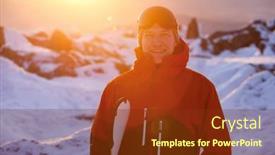  Presentation with snowboard - Cool new presentation theme with young-snowboarder-smiles-holds backdrop and a tawny brown colored foreground