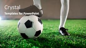  Presentation with socks - Slides featuring young soccer player in boots and socks keeping one foot on ball while standing on green lawn background and a gray colored foreground