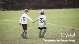  Presentation with cartoon kids holding hands - Amazing slide set having young soccer teammates holding hands backdrop and a coral colored foreground