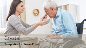  Presentation with social worker - Beautiful presentation theme featuring young-social-worker-holding-bowl backdrop and a light gray colored foreground