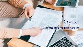  Presentation with developer - Slide deck with young software or program developer with pen pointing at one of papers with examples of new smartphone interface background and a sky blue colored foreground