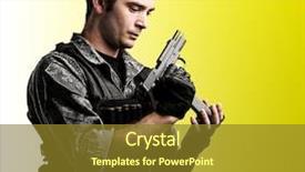  Presentation with gun and ammo - Cool new PPT layouts with young soldier reloading his gun backdrop and a tawny brown colored foreground