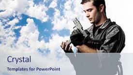  Presentation with gun - Slide deck having young soldier reloading the gun background and a  colored foreground