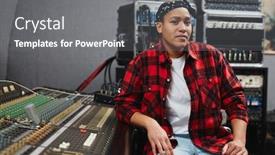  Presentation with record - Audience pleasing presentation consisting of young sound operator sitting by soundboard in her record studio backdrop and a gray colored foreground