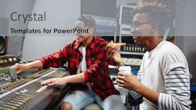  Presentation with sound - Audience pleasing PPT theme consisting of young sound operator with drink and slice of pizza having lunch while his colleague working by soundboard backdrop and a light gray colored foreground