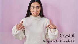  Presentation with woman sad - PPT theme with young-south-asian-woman-standing background and a light gray colored foreground