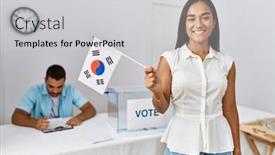  Presentation with korea flag - Theme consisting of young-south-korean-voter-woman background and a light gray colored foreground