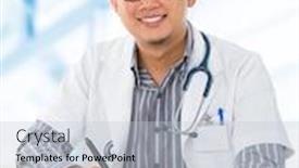  Presentation with medical desk - Audience pleasing PPT theme consisting of young southeast asian medical doctor working on his desk inside hospital room backdrop and a light gray colored foreground