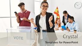  Presentation with vote - Theme with young-spanish-voter-woman-smiling background and a soft green colored foreground